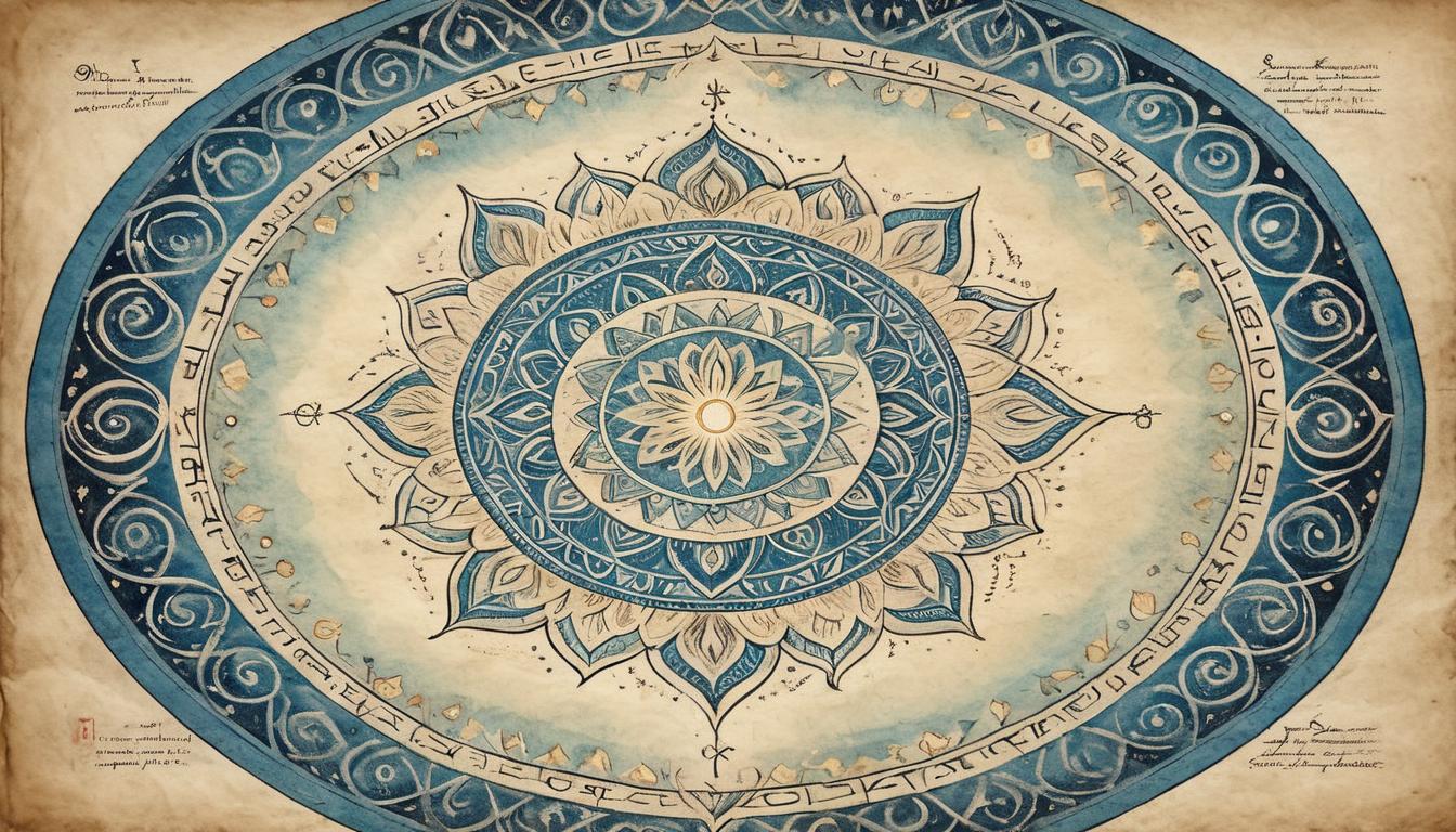  on parchment, surrealism+++, A solitary figure meditating in the center of a glowing mandala, divine preparation, intricate patterns, luminous geometry, serene focus, sacred stillness(mysterious, provocative, symbolic,muted color)+++