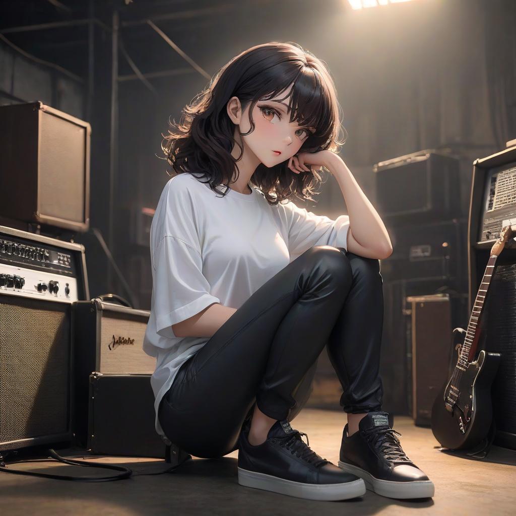  Black curly haired young with brown eyes practice on b guitar. She sits on a combo amp, which is located in a dark warehouse room, her legs are crossed. She cries from the beauty of the music she plays. She has thin pursed lips, a straight nose with a hump. She is short and slender, she has small s and wide hips. Her forearms are sinewy and veiny. She is wearing a white loose men's shirt with the sleeves rolled up. She is wearing black tight trousers and black sneakers. Full length image. The look is direct and straight. hyperrealistic, full body, detailed clothing, highly detailed, cinematic lighting, stunningly beautiful, intricate, sharp focus, f/1. 8, 85mm, (centered image composition), (professionally color graded), ((bright soft diffused light)), volumetric fog, trending on instagram, trending on tumblr, HDR 4K, 8K