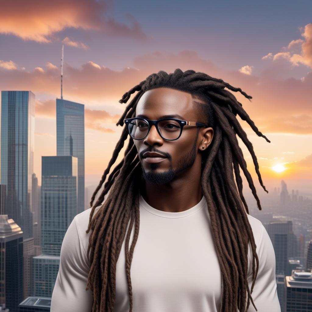  An inspiring and motivational social media post featuring a fair-skinned African-American individual with medium-length dreadlocks and designer glasses, named Steve Ford. The theme is 'Transform $3K into Six Figures: Unlock Your Financial Independence'. The imagery should evoke a sense of freedom, empowerment, and financial success. Include elements like a bright, hopeful sunrise, symbols of financial growth such as a growing plant or graph, and a book symbolizing the upcoming e-book release. Text should include: 'Transform $3K into Six Figures: Unlock Your Financial Independence', 'Stay tuned—this transformative e-book is just around the corner!', and 'Drop a 💯 in the comments if you're pumped to get started!'. Ensure it’s visually  hyperrealistic, full body, detailed clothing, highly detailed, cinematic lighting, stunningly beautiful, intricate, sharp focus, f/1. 8, 85mm, (centered image composition), (professionally color graded), ((bright soft diffused light)), volumetric fog, trending on instagram, trending on tumblr, HDR 4K, 8K