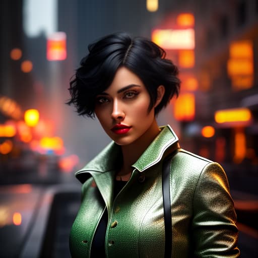  A girl with short black hair and green eyes against the background of a noir city hyperrealistic, full body, detailed clothing, highly detailed, cinematic lighting, stunningly beautiful, intricate, sharp focus, f/1. 8, 85mm, (centered image composition), (professionally color graded), ((bright soft diffused light)), volumetric fog, trending on instagram, trending on tumblr, HDR 4K, 8K