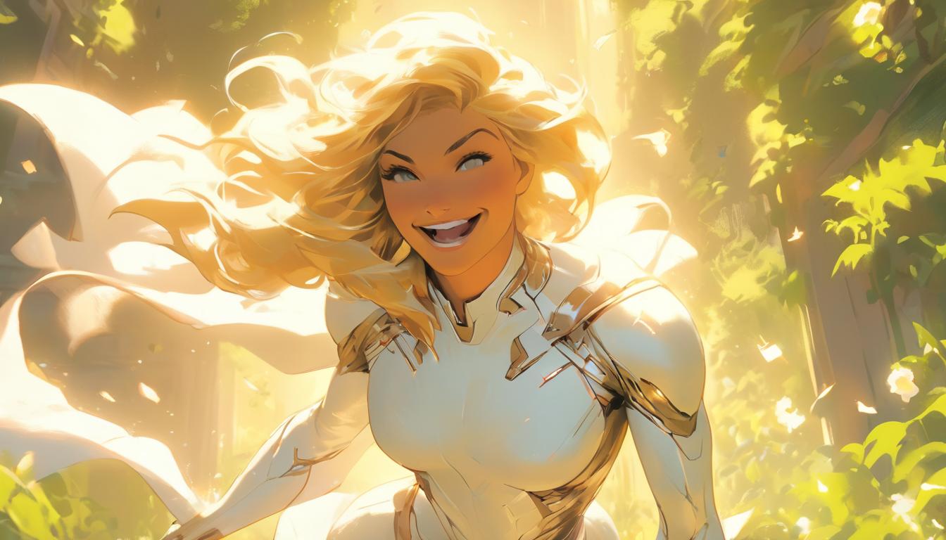  hyperrealism,fantasy aesthetic1woman, large busted blonde arian female humanoid, stepping into a sunlit garden, wearing a flowing white dress, radiant smile, symbolizing new beginnings and fresh energy, high tech clothing clad in sleek, futuristic costume with metallic accents and form fitting designs, marvel superhero comics style, unreal engine rendering