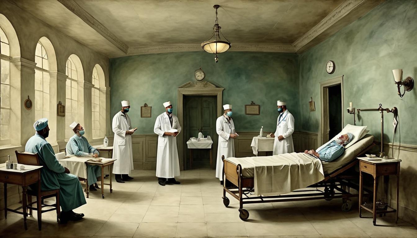  on parchment, surrealism+++, Patients in hospital setting, hopeful expressions, anticipation, clinical yet warm environment(mysterious, provocative, symbolic,muted color)+++