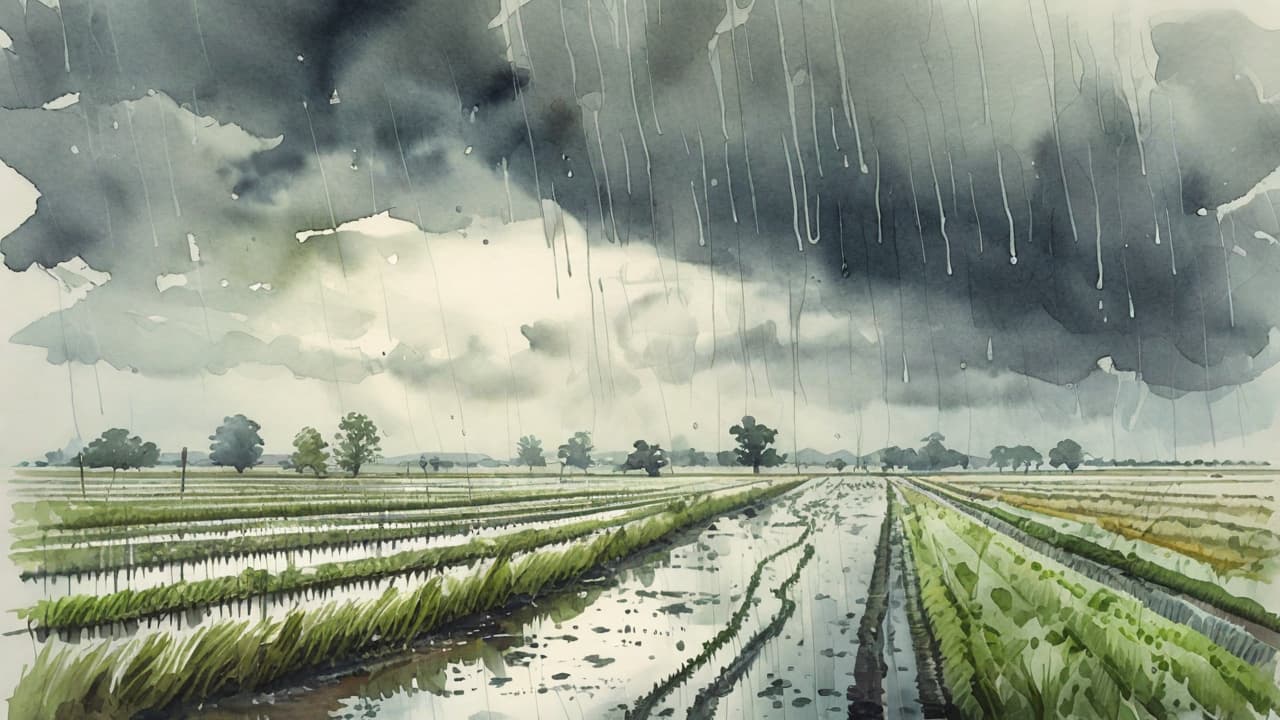  best quality, HD, A watercolor illustration of flooded farmland, with water covering the fields, crops barely visible, dark rain clouds overhead, soft and muted colors, highlighting the impact of heavy rainfall on agriculture, melancholic atmosphere