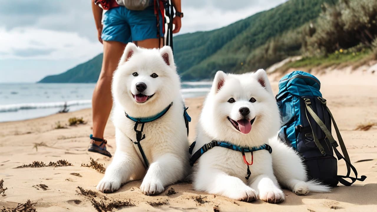  best quality, HD, Beach summer panoramic background with Samoyed dog with hiking bag on the sand