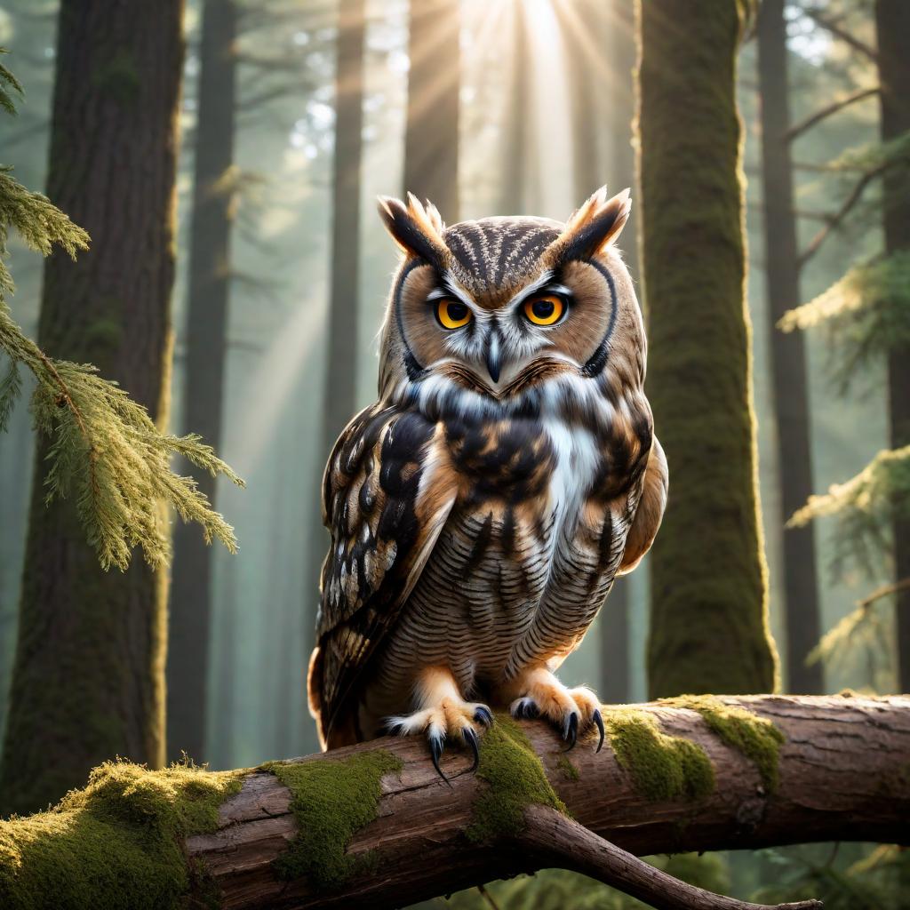  Create an image of a serene landscape with a watchful owl perched on a branch, overlooking a peaceful forest scene with sunlight filtering through the trees. hyperrealistic, full body, detailed clothing, highly detailed, cinematic lighting, stunningly beautiful, intricate, sharp focus, f/1. 8, 85mm, (centered image composition), (professionally color graded), ((bright soft diffused light)), volumetric fog, trending on instagram, trending on tumblr, HDR 4K, 8K