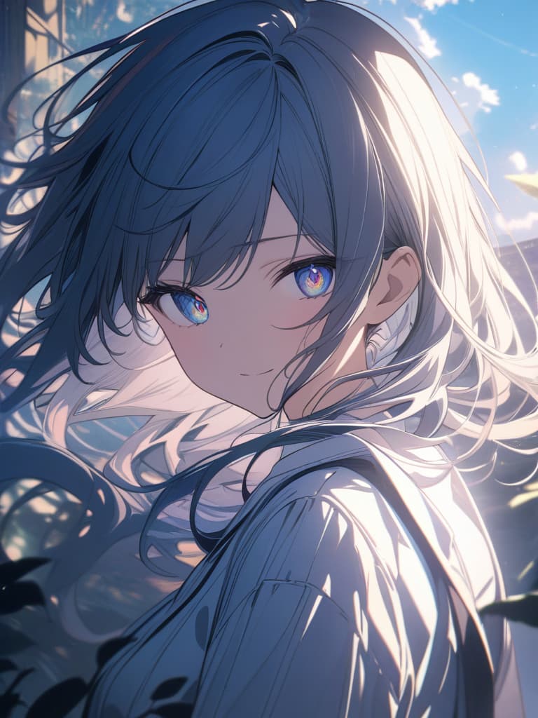  a beautiful blue haired girl,long messy hair,ultra detailed,best shadow,beautiful detailed deep rainbow eyes,cute and beautiful face,shy smile,white shirt,upper body view,colorful,(masterpiece:1.2),(best quality:1.2),detailed background,high contrast,(best illumination,an extremely delicate and beautiful),((cinematic light)),hyper detail,dramatic light,intricate details,8k,anime,very aesthetic, masterpiece, best quality,8k,ultra detailed,high resolution,an extremely delicate and beautiful,hyper detail