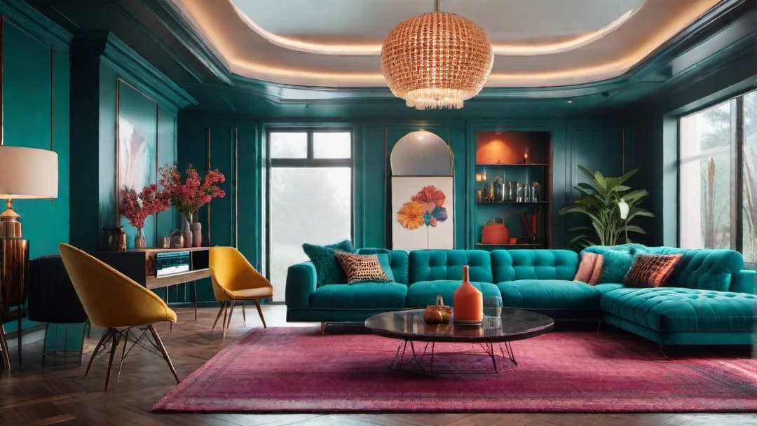  Generate an image of a vibrant 80s retro living room with bold and energetic colors. The focal point should be a statement sofa in a bright teal shade, complemented by funky throw pillows in contrasting colors. Include large abstract art pieces on the walls and a bold print shag rug on the floor. Add a retro style floor lamp for warm illumination, capturing the essence of 80s retro home interior designs. hyperrealistic, full body, detailed clothing, highly detailed, cinematic lighting, stunningly beautiful, intricate, sharp focus, f/1. 8, 85mm, (centered image composition), (professionally color graded), ((bright soft diffused light)), volumetric fog, trending on instagram, trending on tumblr, HDR 4K, 8K