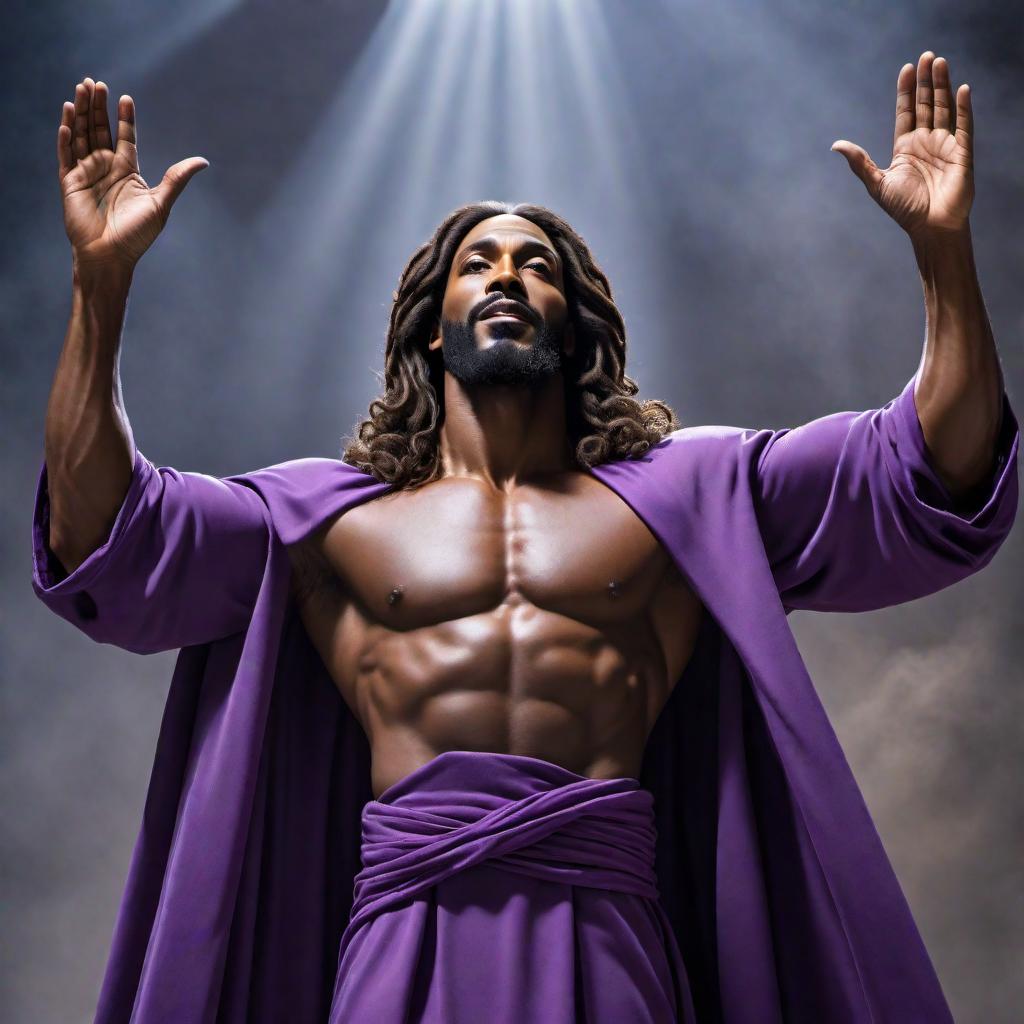  A powerful depiction of Black Jesus with a muscular physique. He is wearing a purple robe and exudes strength and compassion. His expression is joyful as he raises his hands, saying 'Hallelujah.' The background is serene with a heavenly light, highlighting the divine atmosphere of the scene. hyperrealistic, full body, detailed clothing, highly detailed, cinematic lighting, stunningly beautiful, intricate, sharp focus, f/1. 8, 85mm, (centered image composition), (professionally color graded), ((bright soft diffused light)), volumetric fog, trending on instagram, trending on tumblr, HDR 4K, 8K