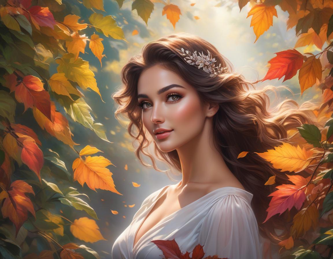  A stunning woman with mesmerizing brown eyes and a shy, yet lovely smile stands amidst a whirlwind of colorful leaves, her beauty rivaling that of nature itself., face by Bagshaw, Atroshenko, hyperrealistic, full body, detailed clothing, highly detailed, cinematic lighting, stunningly beautiful, intricate, sharp focus, f/1. 8, 85mm, (centered image composition), (professionally color graded), ((bright soft diffused light)), volumetric fog, trending on instagram, trending on tumblr, HDR 4K, 8K