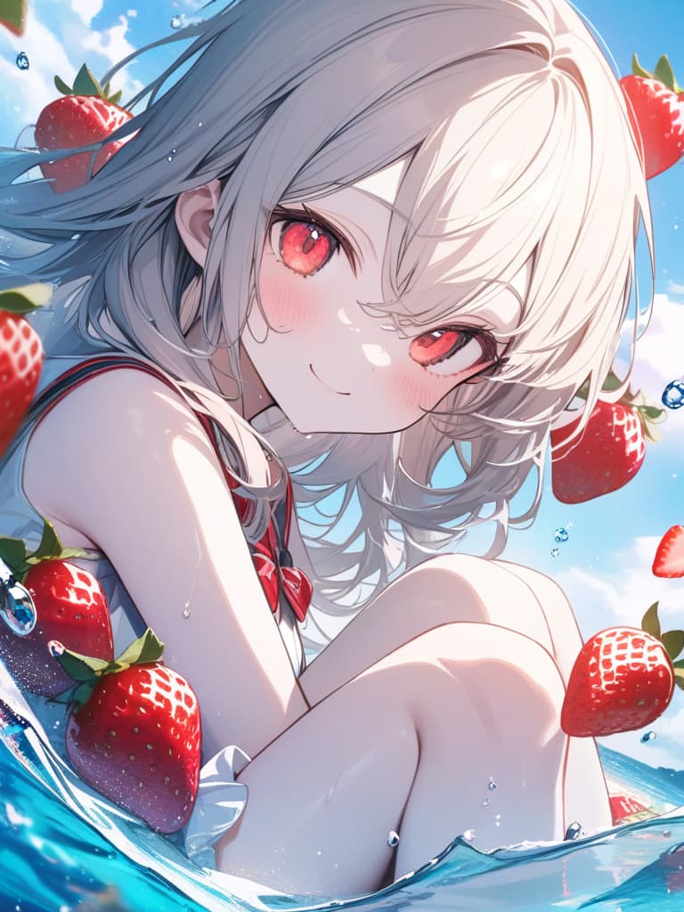  Cute, , big eyes, sea, sea, beautiful, smiling, swimwear, fluffy hair, hair, water splash, young face, white skin, bright red eyes, strawberry decoration, masterpiece, best quality,8k,ultra detailed,high resolution,an extremely delicate and beautiful,hyper detail