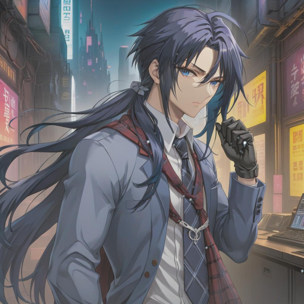  anime artwork A man, a flannel shirt, a tie, black long gloves. Dark blue long hair, a sagging cheek on both sides, a scholar, cyberpunk. . anime style, key visual, vibrant, studio anime, highly detailed hyperrealistic, full body, detailed clothing, highly detailed, cinematic lighting, stunningly beautiful, intricate, sharp focus, f/1. 8, 85mm, (centered image composition), (professionally color graded), ((bright soft diffused light)), volumetric fog, trending on instagram, trending on tumblr, HDR 4K, 8K