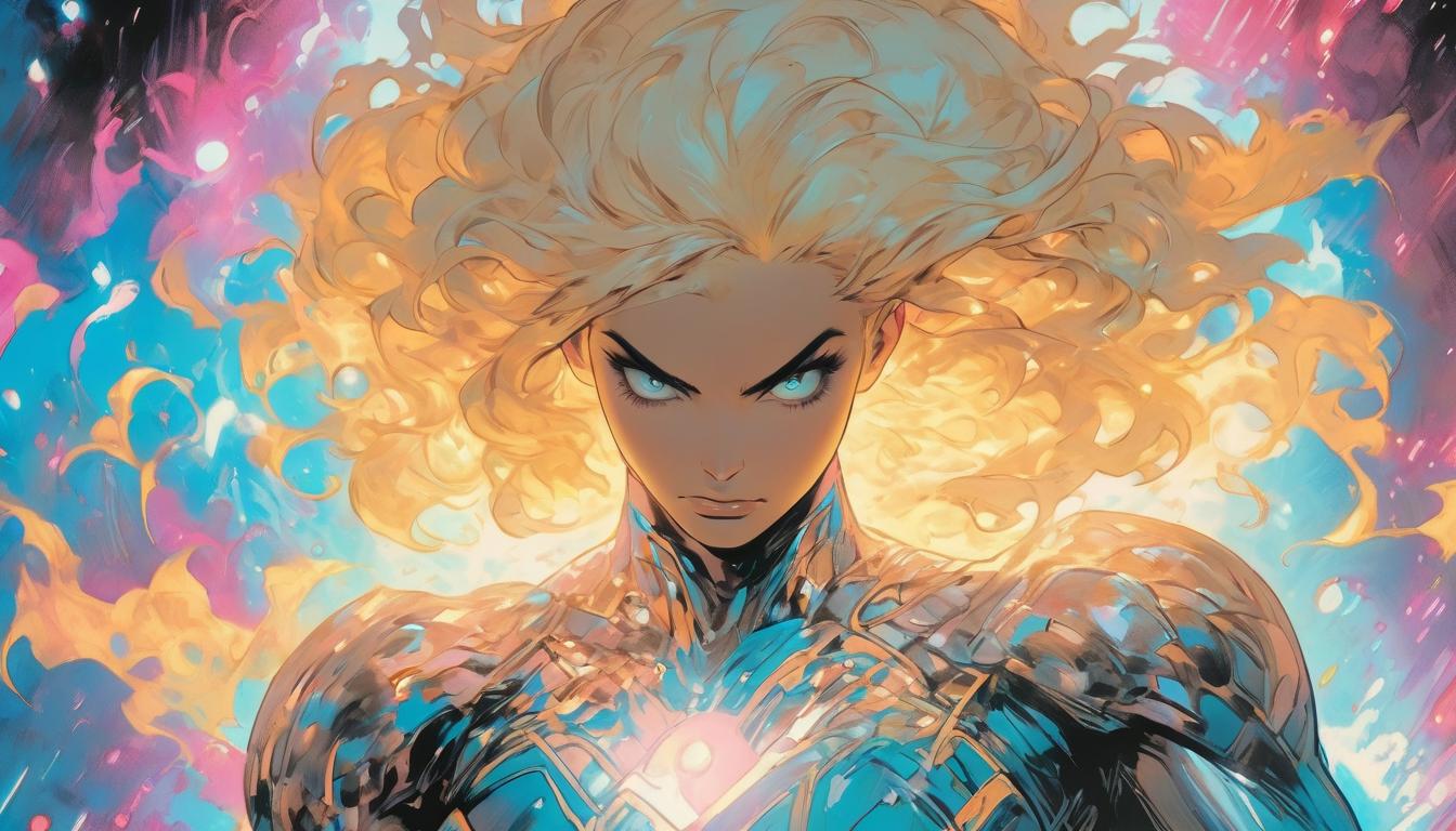  hyperrealism,fantasy aesthetic1woman, large busted attractive blonde arian female humanoid, surrounded by tangible astral structures, vivid dreamscape, enigmatic expression, high tech clothing clad in sleek, futuristic costume with metallic accents and form fitting designs, marvel superhero comics style, unreal engine rendering