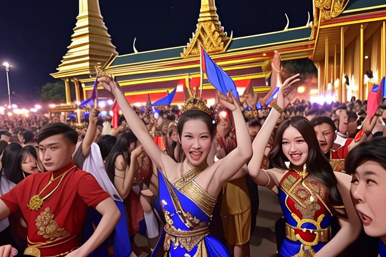  Party at the palace, celebrating victory outside Thai palace in the night too many people There are warriors