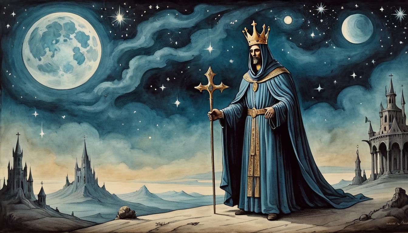  on parchment, surrealism+++, A robed figure with a celestial crown, standing before the night sky, divine presence, otherworldly, revered(mysterious, provocative, symbolic,muted color)+++