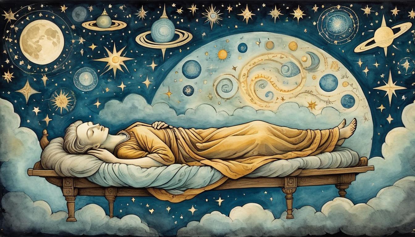  on parchment, surrealism+++, A sleeping person, celestial patterns surrounding their head, serene, divine energy, night sky filled with stars, sense of prophecy(mysterious, provocative, symbolic,muted color)+++