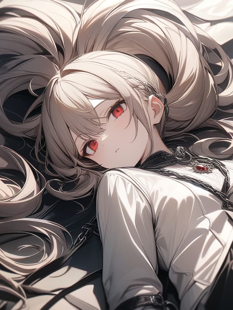  Hair colored beige, twin tails, black ribbon on hair, red eyes, chains, no background, lying down, masterpiece, best quality,8k,ultra detailed,high resolution,an extremely delicate and beautiful,hyper detail