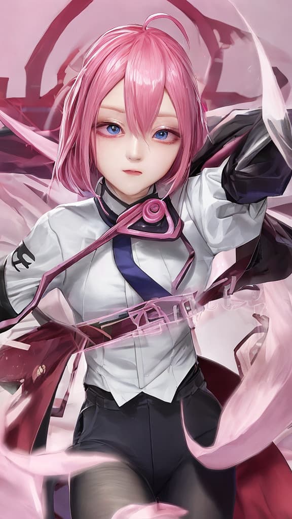   , sanyueqi,1,solo,pink hair,gloves,long sleeves,blue eyes,bangs,shirt,white shirt,hair between eyes,pink eyes