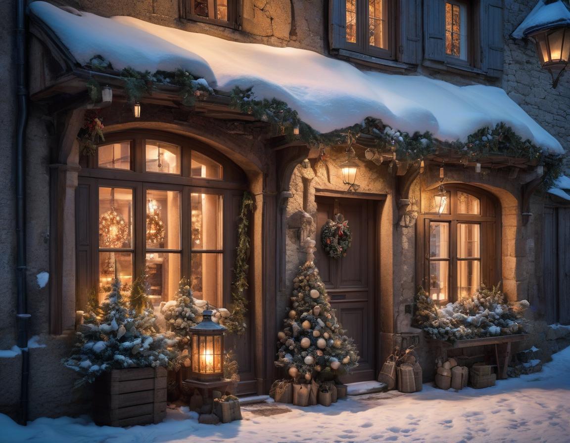  No people. A small village in France is covered in snow. In the style of Jean Baptiste Monge, old Gothic stone rickety buildings. Christmas Eve. Night, a bright star is burning in the sky. Christmas decorations hang on the doors of buildings and lights shine in the windows. Details. Lots of embellishments and small details, detailed look. soft colors, HDR, 4K hyperrealistic, full body, detailed clothing, highly detailed, cinematic lighting, stunningly beautiful, intricate, sharp focus, f/1. 8, 85mm, (centered image composition), (professionally color graded), ((bright soft diffused light)), volumetric fog, trending on instagram, trending on tumblr, HDR 4K, 8K