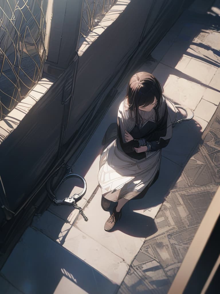  Capture, handcuffs, long, whole body, facing down, from above, people, masterpiece, best quality,8k,ultra detailed,high resolution,an extremely delicate and beautiful,hyper detail