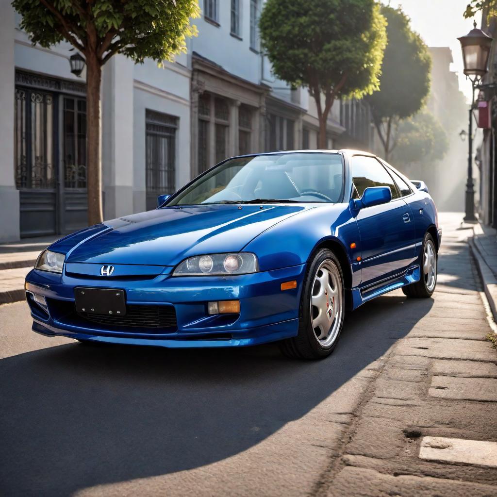  1996 Honda Prelude Si in blue color, parked on a road. The car should showcase its sporty design elements, including its sleek front grille, distinctive alloy wheels, and characteristic mid-90s coupe body lines. The background should be simple to keep the focus on the car. hyperrealistic, full body, detailed clothing, highly detailed, cinematic lighting, stunningly beautiful, intricate, sharp focus, f/1. 8, 85mm, (centered image composition), (professionally color graded), ((bright soft diffused light)), volumetric fog, trending on instagram, trending on tumblr, HDR 4K, 8K