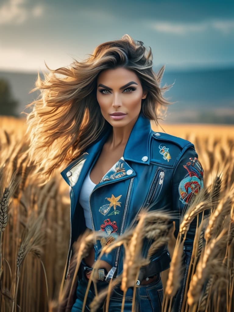  (best quality, masterpiece, colorful, highest detailed) upper body photo, fashion photography of cute (Belén Rodríguez), long, straight hair, (light smile:0.3), wearing leather jacket and ripped jeans, wheat field, picturesque, rural background, upper body shot,sharp, colorful, ultra realistic, cinematic, blue and yellow:0.85), dim colors, hyperrealistic, full body, detailed clothing, highly detailed, cinematic lighting, stunningly beautiful, intricate, sharp focus, f/1. 8, 85mm, (centered image composition), (professionally color graded), ((bright soft diffused light)), volumetric fog, trending on instagram, trending on tumblr, HDR 4K, 8K