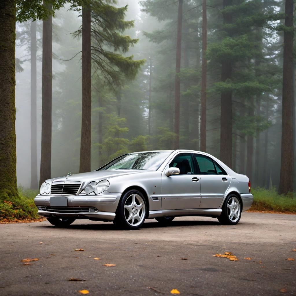  2000 Mercedes C36 4-door in silver. Emphasize the elegant design, detailed headlights, front grille, and sophisticated wheels. Place the car in a scenic background with good lighting to showcase its features. hyperrealistic, full body, detailed clothing, highly detailed, cinematic lighting, stunningly beautiful, intricate, sharp focus, f/1. 8, 85mm, (centered image composition), (professionally color graded), ((bright soft diffused light)), volumetric fog, trending on instagram, trending on tumblr, HDR 4K, 8K