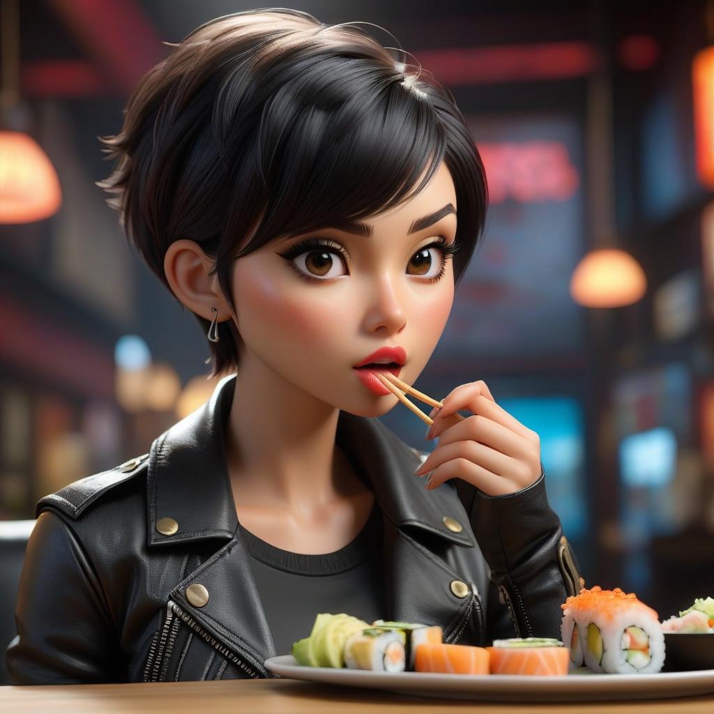  A girl with dark hair, a pixie cut, wearing a black top and denim shorts in a black leather jacket, eating sushi, straight on view, with fluorescent lighting. hyperrealistic, full body, detailed clothing, highly detailed, cinematic lighting, stunningly beautiful, intricate, sharp focus, f/1. 8, 85mm, (centered image composition), (professionally color graded), ((bright soft diffused light)), volumetric fog, trending on instagram, trending on tumblr, HDR 4K, 8K