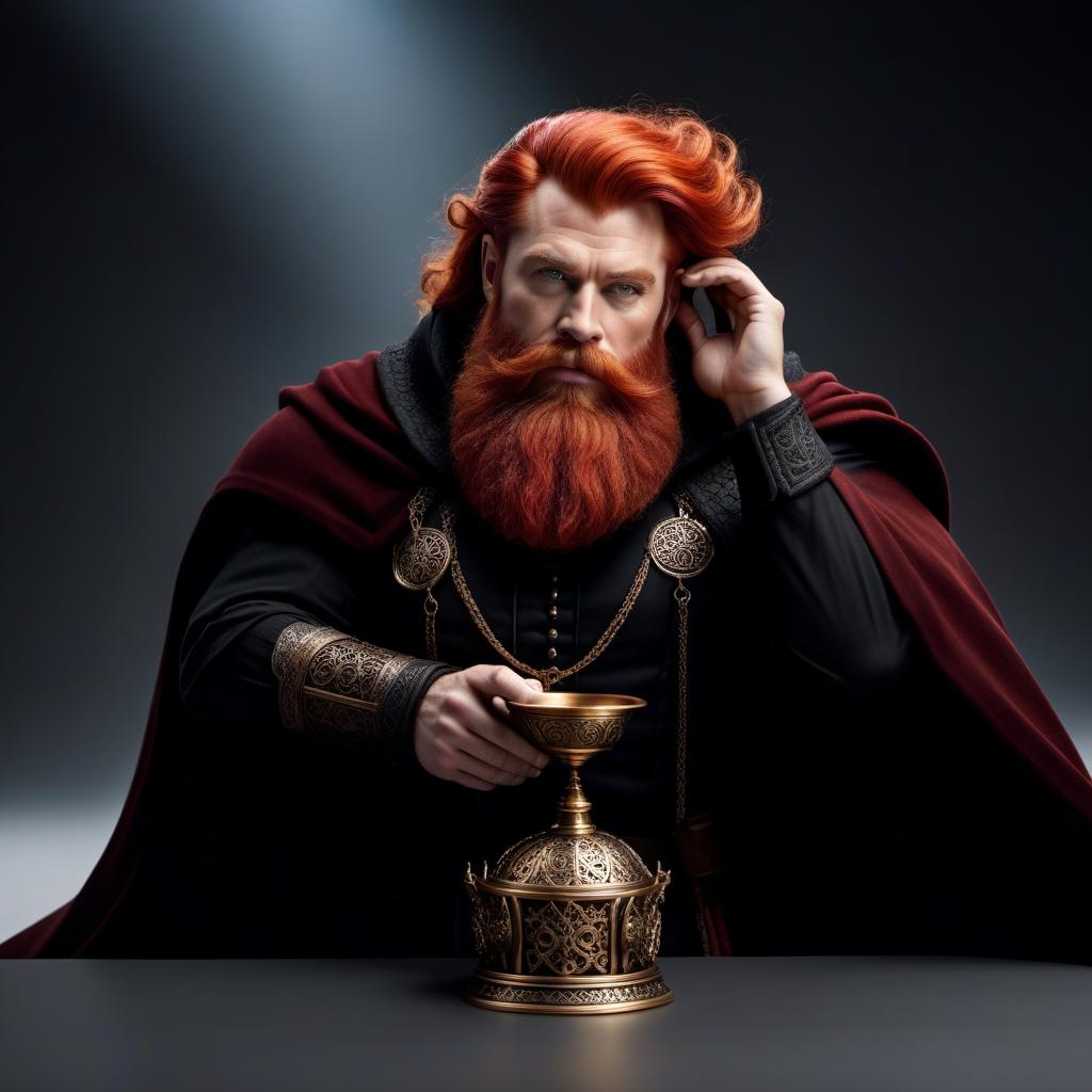  A dwarf with a red beard, in a black mantle and censer [colokaxxiads] hyperrealistic, full body, detailed clothing, highly detailed, cinematic lighting, stunningly beautiful, intricate, sharp focus, f/1. 8, 85mm, (centered image composition), (professionally color graded), ((bright soft diffused light)), volumetric fog, trending on instagram, trending on tumblr, HDR 4K, 8K