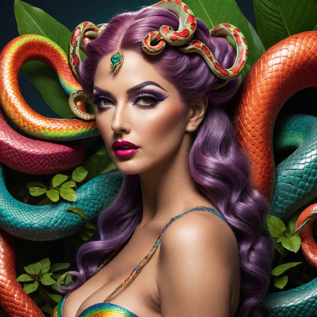  A full-body picture of Medusa in a pinup style pose with snakes in her hair. The scene should have a rainbow theme, incorporating vibrant colors and elements that represent a rainbow throughout the image. hyperrealistic, full body, detailed clothing, highly detailed, cinematic lighting, stunningly beautiful, intricate, sharp focus, f/1. 8, 85mm, (centered image composition), (professionally color graded), ((bright soft diffused light)), volumetric fog, trending on instagram, trending on tumblr, HDR 4K, 8K