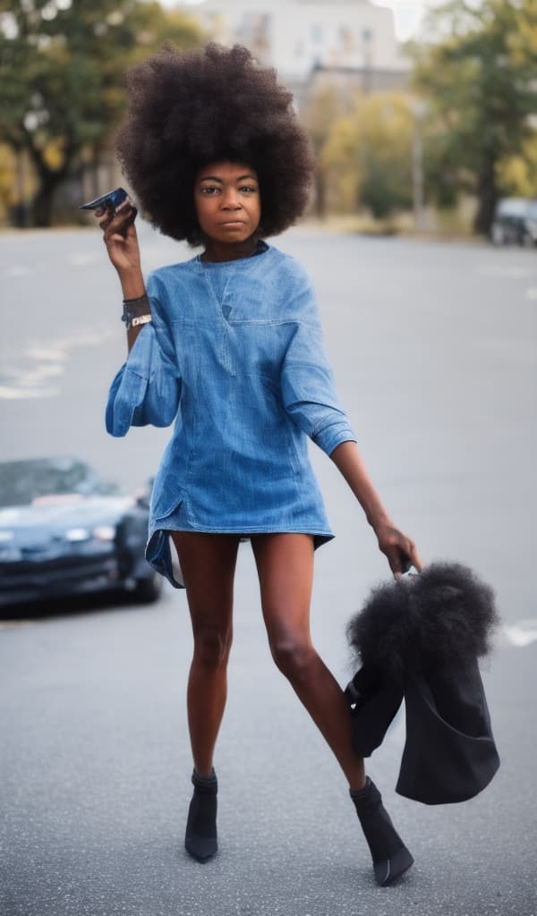  African American walking down the street looking at the camera from the front with long brown hair wearing a blue miniskirt with black heels