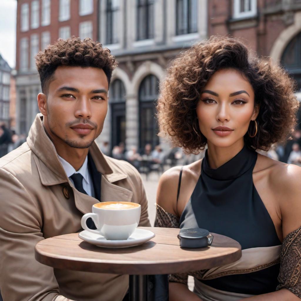  Photo of a mixed-race Chinese woman with curly short hair, nicely dressed, sitting in Antwerp having coffee. There is a small camera on the table. A white man is sitting opposite her, and an Indian man is sitting next to her. They are at an outdoor café table with historic Antwerp buildings visible in the background. The weather is pleasant and sunny, creating a vibrant atmosphere. hyperrealistic, full body, detailed clothing, highly detailed, cinematic lighting, stunningly beautiful, intricate, sharp focus, f/1. 8, 85mm, (centered image composition), (professionally color graded), ((bright soft diffused light)), volumetric fog, trending on instagram, trending on tumblr, HDR 4K, 8K