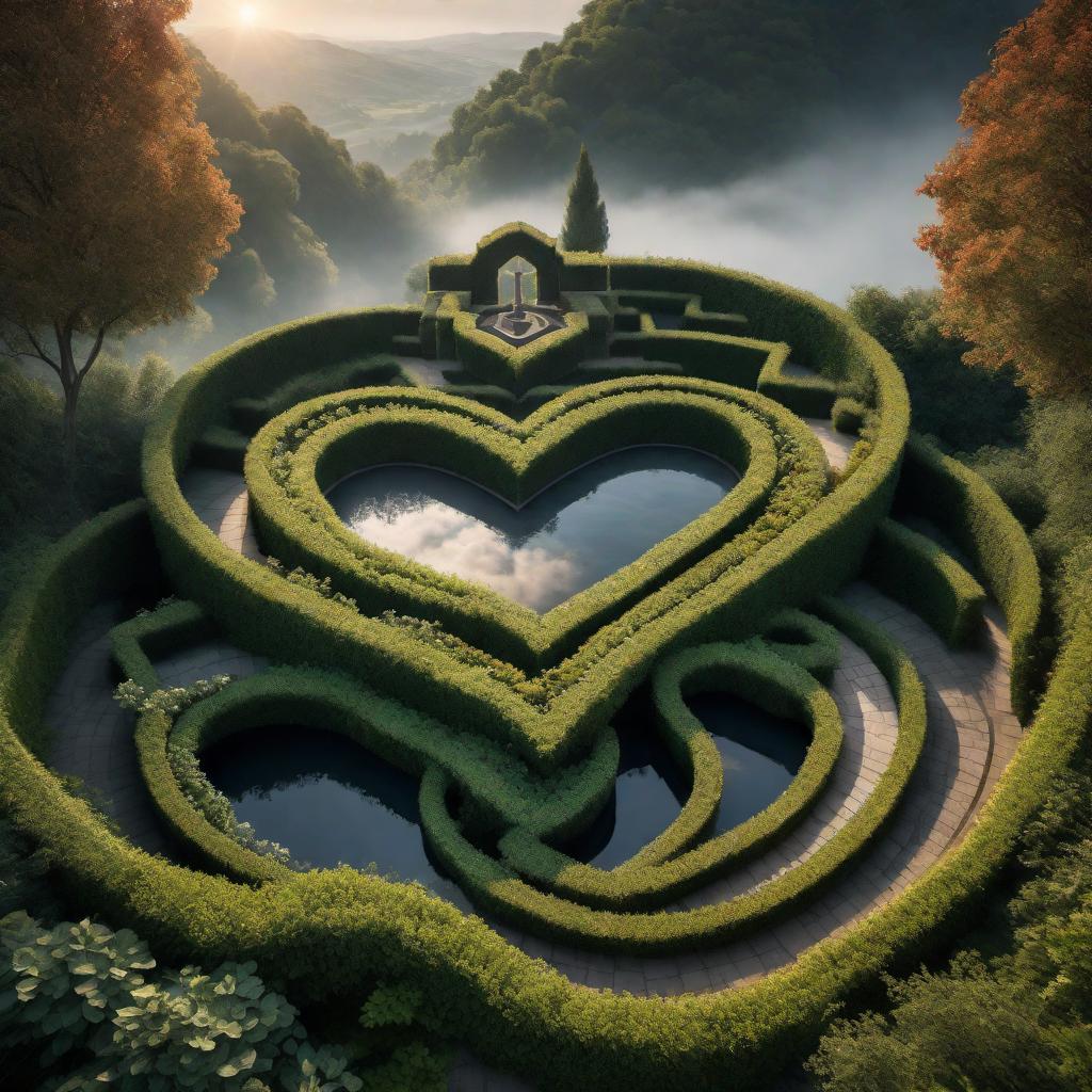  Within the heart, a labyrinth lies, twisting paths where secrets hide. Emotions roam through dark and light, yearning, pain, and joy in flight. Love and fears do intertwine, unveiling the human heart's design. A visualization should include a heart-shaped labyrinth with intricate paths. Darker areas should represent shadows and hidden secrets while lighter areas show emotions like joy. Symbols of love and fear should be intertwined within the pathways, giving a sense of the complex and mysterious nature of the human heart. hyperrealistic, full body, detailed clothing, highly detailed, cinematic lighting, stunningly beautiful, intricate, sharp focus, f/1. 8, 85mm, (centered image composition), (professionally color graded), ((bright soft diffused light)), volumetric fog, trending on instagram, trending on tumblr, HDR 4K, 8K