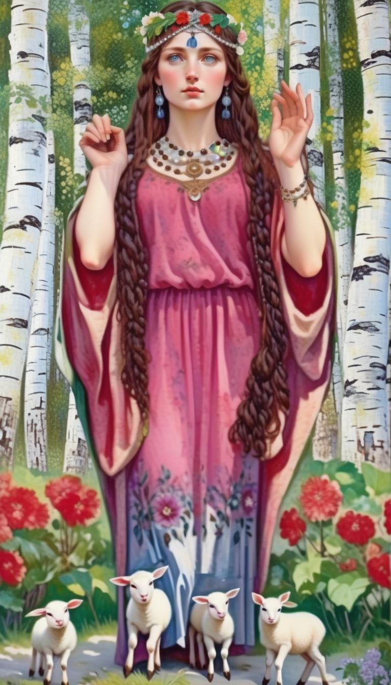  Didilia. A young, beautiful, blooming Ancient Slavic woman with long brown hair and blue eyes, wearing a headband decorated with pearls and precious stones, is depicted from head to toe in an embroidered dress. He walks through a dense birch grove. The gaze looks from the painting to the viewer. Her right hand is clenched into a fist, bent at the elbow and raised at shoulder level. The left arm is bent at the elbow and raised at shoulder level and the palm is open and turned from the painting to the viewer. Flowers are blooming at her feet and fruits are lying and newborn lambs are running and newborn piglets are running hyperrealistic, full body, detailed clothing, highly detailed, cinematic lighting, stunningly beautiful, intricate, sharp focus, f/1. 8, 85mm, (centered image composition), (professionally color graded), ((bright soft diffused light)), volumetric fog, trending on instagram, trending on tumblr, HDR 4K, 8K