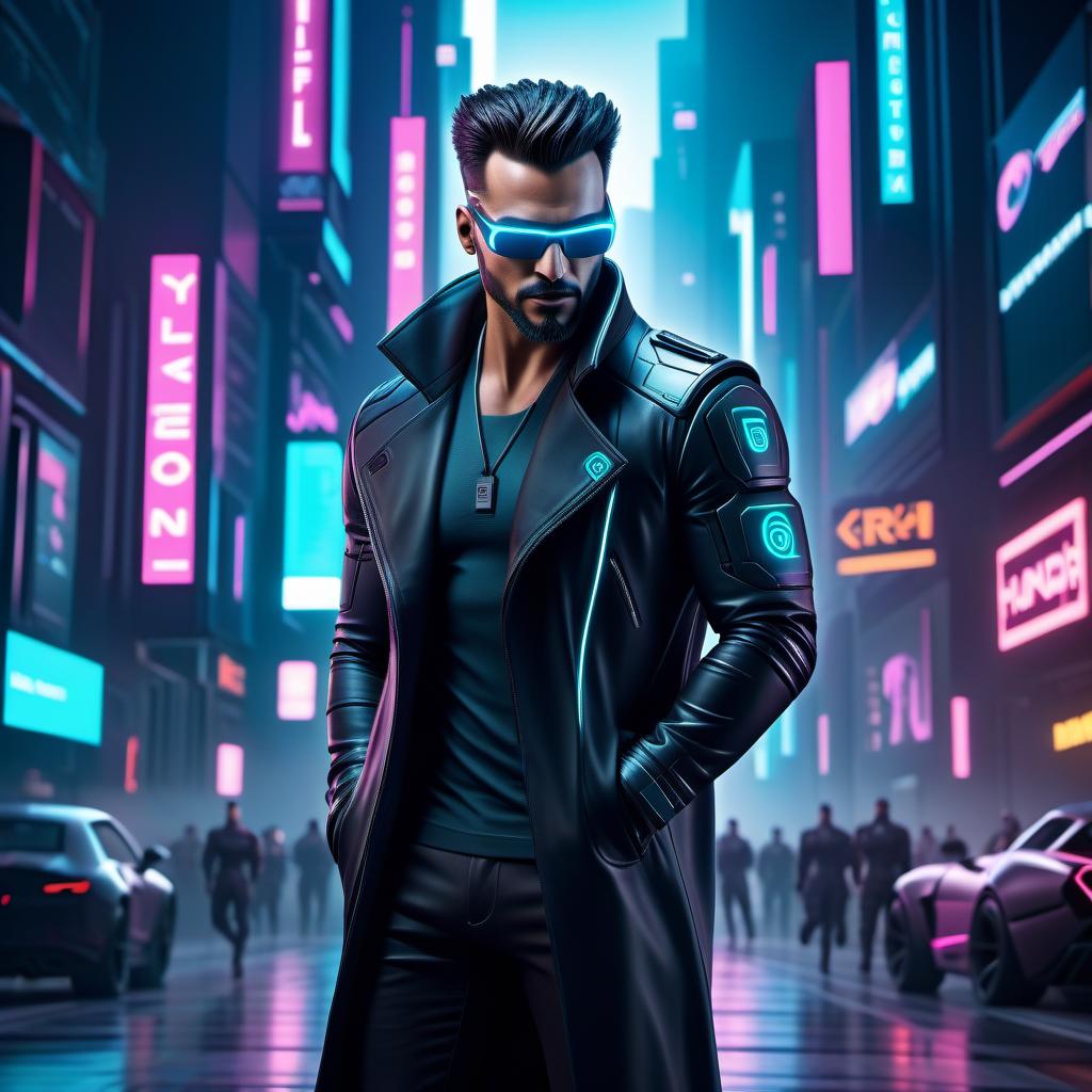  cyberpunk game style I am a businessman programmer and designer. Create a logo for me that will represent me. Make it very good. Make technology the main focus on the logo and my personality in the background. . neon, dystopian, futuristic, digital, vibrant, detailed, high contrast, reminiscent of cyberpunk genre video games, LOGO hyperrealistic, full body, detailed clothing, highly detailed, cinematic lighting, stunningly beautiful, intricate, sharp focus, f/1. 8, 85mm, (centered image composition), (professionally color graded), ((bright soft diffused light)), volumetric fog, trending on instagram, trending on tumblr, HDR 4K, 8K