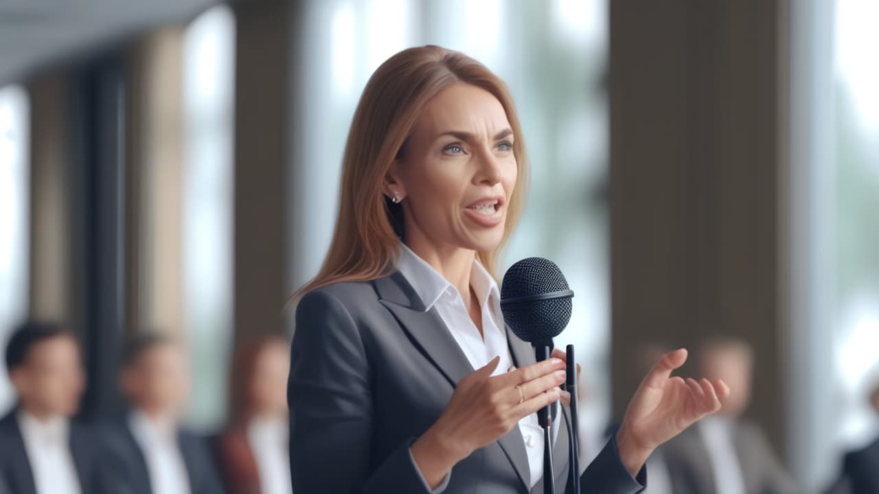  best quality, HD, Confident Woman Speaking into Microphone at Business Event Public Speaking & Leadership Concept. Businesswoman Delivering Speech at Corporate Conference