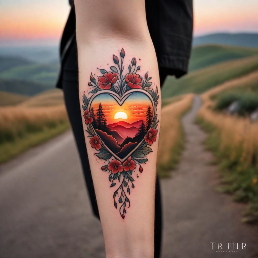  A tattoo design of a battered heart being saved, with a beautiful sunrise in the background. The heart appears worn and damaged but is being gently held or mended, symbolizing hope and recovery. The sunrise casts a warm light with beautiful hints of red throughout the sky, reflecting renewal and optimism. The background features a serene countryside backroad leading towards the horizon, with small details like flowers and gentle hills to add a sense of peace and beauty. hyperrealistic, full body, detailed clothing, highly detailed, cinematic lighting, stunningly beautiful, intricate, sharp focus, f/1. 8, 85mm, (centered image composition), (professionally color graded), ((bright soft diffused light)), volumetric fog, trending on instagram, trending on tumblr, HDR 4K, 8K