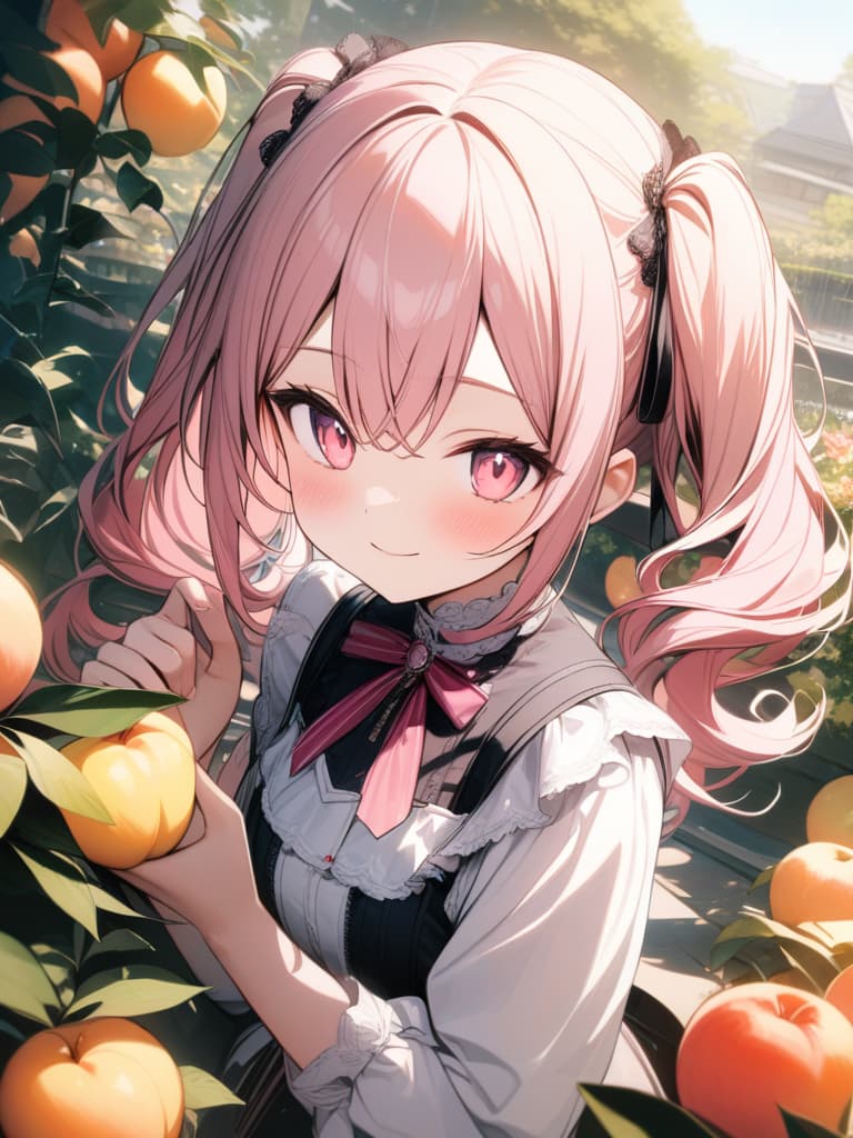  Cute, , pink hair, twin tails, pink eyes, young face, big s, peaches, frills, frills, smiles, masterpiece, best quality,8k,ultra detailed,high resolution,an extremely delicate and beautiful,hyper detail