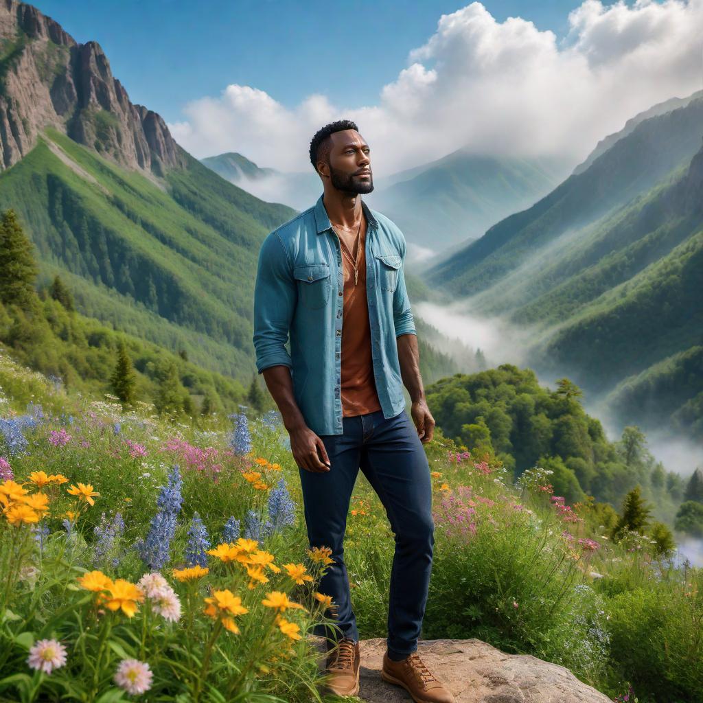  A black man standing on Healing Mountain with a backdrop of serene nature. The mountain has lush greenery, vibrant wildflowers, and a clear blue sky. The man has a calm and peaceful expression, and he is dressed in casual, comfortable clothing suitable for a hiking trip. The atmosphere should feel tranquil and rejuvenating. hyperrealistic, full body, detailed clothing, highly detailed, cinematic lighting, stunningly beautiful, intricate, sharp focus, f/1. 8, 85mm, (centered image composition), (professionally color graded), ((bright soft diffused light)), volumetric fog, trending on instagram, trending on tumblr, HDR 4K, 8K