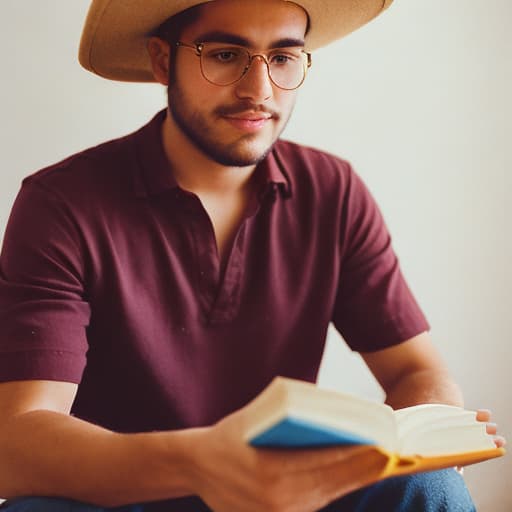 analog style A 22-year-old attractive man studying Spanish sits in a modern, attractive Mexican interior with a book or tablet in Spanish. He is dressed in stylish clothes that emphasize his maturity. In the background, bright Mexican elements such as paintings or decor , highlighting the culture Wear a hat And make a beautiful face This should be a book in Spanish Make beautiful lips