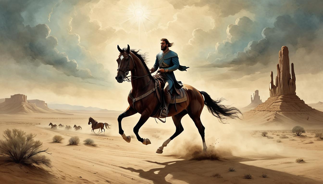  on parchment, surrealism+++, A dramatic scene on a dusty road, startled rider falling from horse, bright divine light, ethereal. Rider's expression of shock, desert landscape, transformative moment(mysterious, provocative, symbolic,muted color)+++