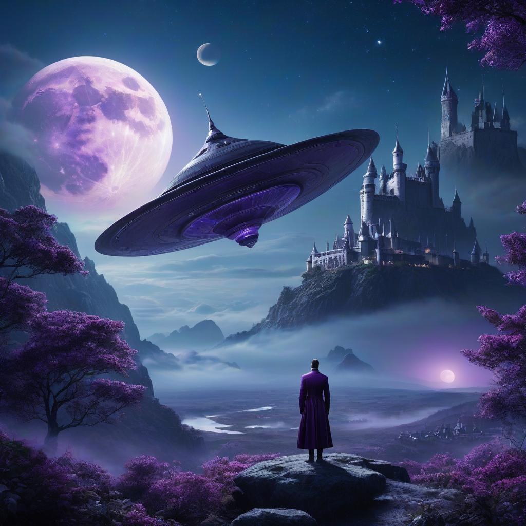  A masterpiece. Bird. Nightingale. Background: surrealistically abstract. Сanary. Flying saucer. Flying saucer. Space, fantasy. Purple, blue, silver colors. Moon, aliens. There's a castle on the moon. hyperrealistic, full body, detailed clothing, highly detailed, cinematic lighting, stunningly beautiful, intricate, sharp focus, f/1. 8, 85mm, (centered image composition), (professionally color graded), ((bright soft diffused light)), volumetric fog, trending on instagram, trending on tumblr, HDR 4K, 8K