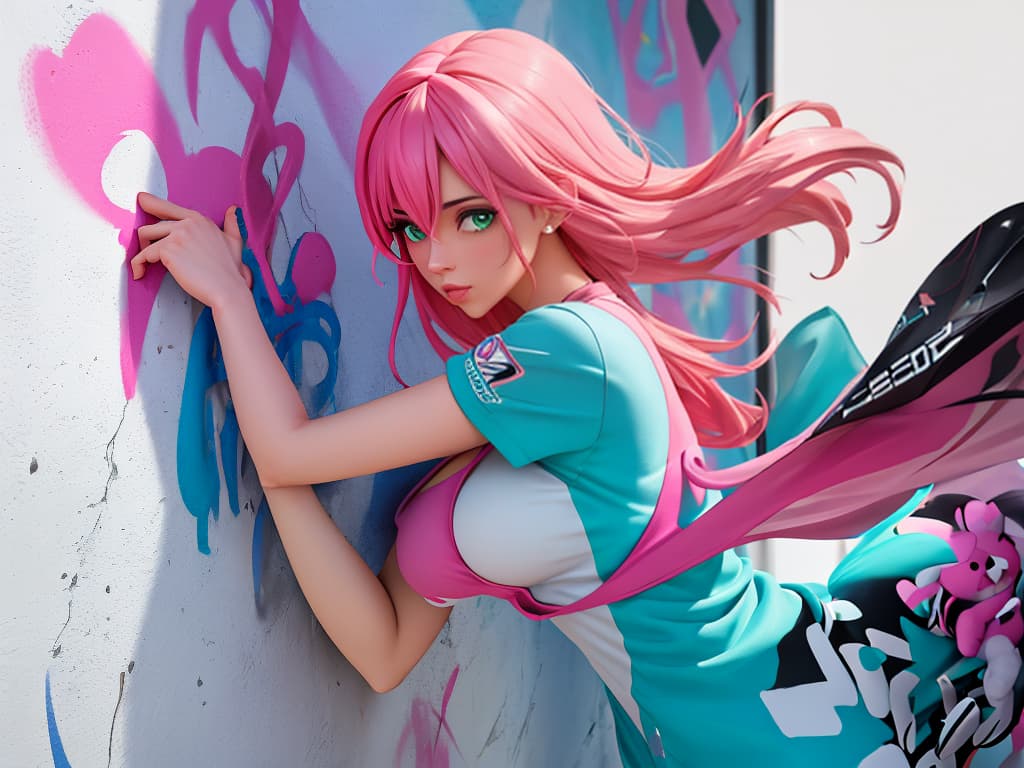  A color poster of a mixture of graffiti and paint on a wall,portrait of a woman,upperbody,minimalist,with dynamic movement and bold colors,mixture, ,hugging a pink teddy bear hyperrealistic, full body, detailed clothing, highly detailed, cinematic lighting, stunningly beautiful, intricate, sharp focus, f/1. 8, 85mm, (centered image composition), (professionally color graded), ((bright soft diffused light)), volumetric fog, trending on instagram, trending on tumblr, HDR 4K, 8K