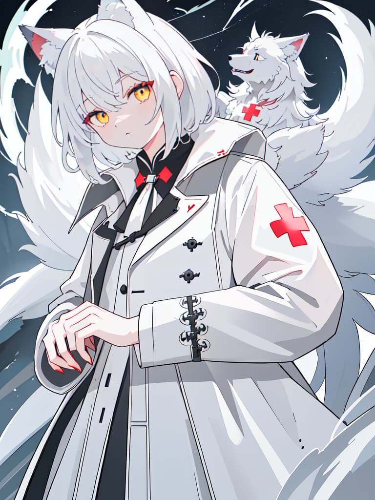  ((white werewolf only、anthropomorphic wolf only、1 man with the head of a wolf))、claw hands:1.2、from behind、looking back:1.2、(white trench coat with a red cross pattern on the back:1.2)、in dark night field、best quality:1.4、masterpiece:1.4、ultra detailed texture、RAW photorealistic、absurd resolution、8K illustration、💩、💩、💩、💩、💩、, masterpiece, best quality,8k,ultra detailed,high resolution,an extremely delicate and beautiful,hyper detail