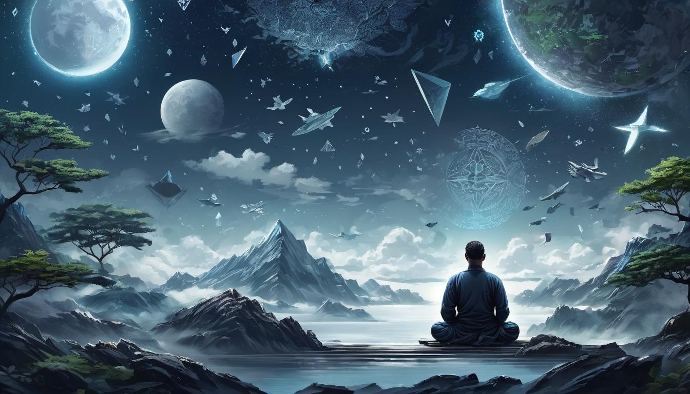  digital illustration, 1man, in deep meditation surrounded by symbols of accomplishment, meditative posture detailed, serene environment, internal focus, self reliance, looking at viewer, dynamic pose, (intricate details, masterpiece, best quality)