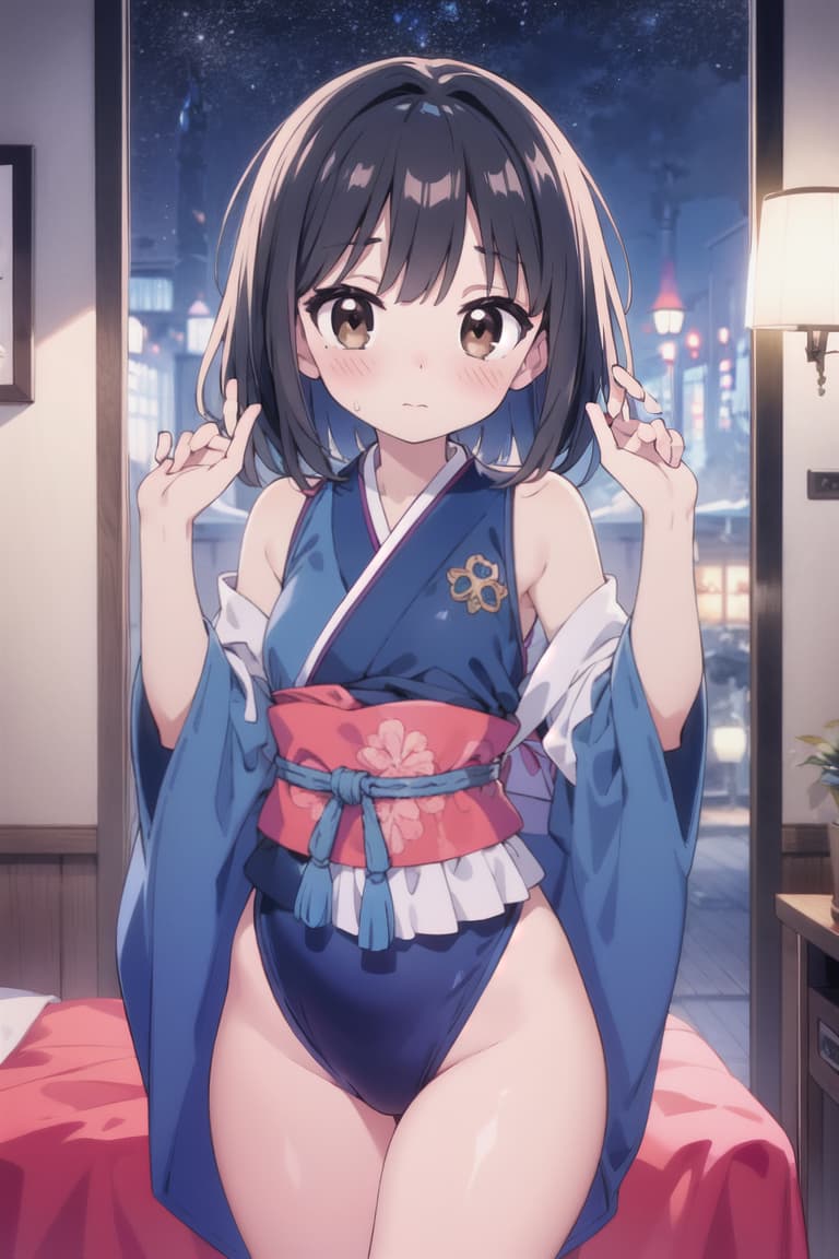  master piece , best quality,Japanese young s,detailed information,(best quality),(masterpiece1.3), cinematic lighting,beautiful small s,(medium hair),black hair,whole body,perfect fingers,brown eyes,perfect body,pretty ,,,blush,(beautiful ),(perfect ),night sky,(hands up),(innocent face),like,bedroom,,slim body,11year,,full body shot,