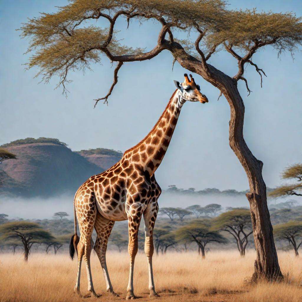  A realistic image of a giraffe standing in its natural habitat, with a savanna background, some trees, and a clear blue sky. hyperrealistic, full body, detailed clothing, highly detailed, cinematic lighting, stunningly beautiful, intricate, sharp focus, f/1. 8, 85mm, (centered image composition), (professionally color graded), ((bright soft diffused light)), volumetric fog, trending on instagram, trending on tumblr, HDR 4K, 8K