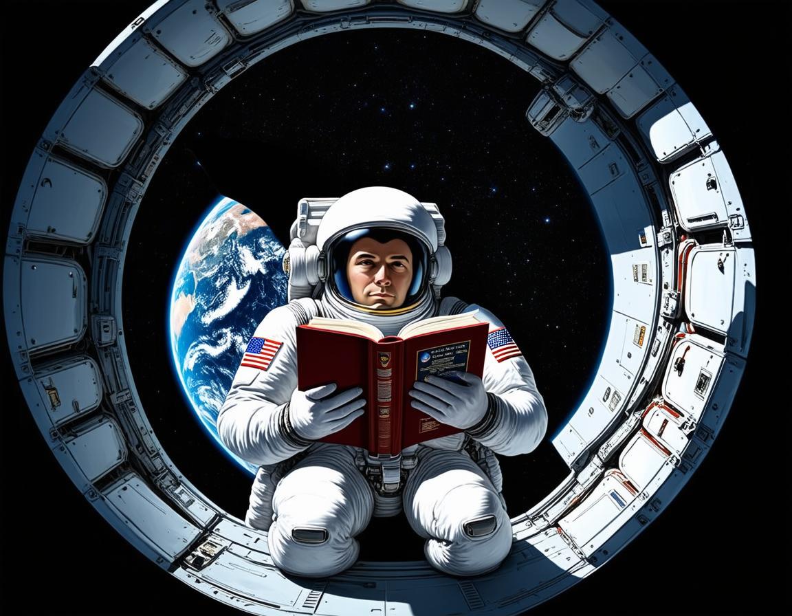  An astronaut reading a book in space, floating inside a spacecraft with Earth visible through the window. The astronaut is wearing a detailed spacesuit with the American flag on the arm, and the book cover is visible. The scene is illuminated by the light from the Earth and the stars in the background