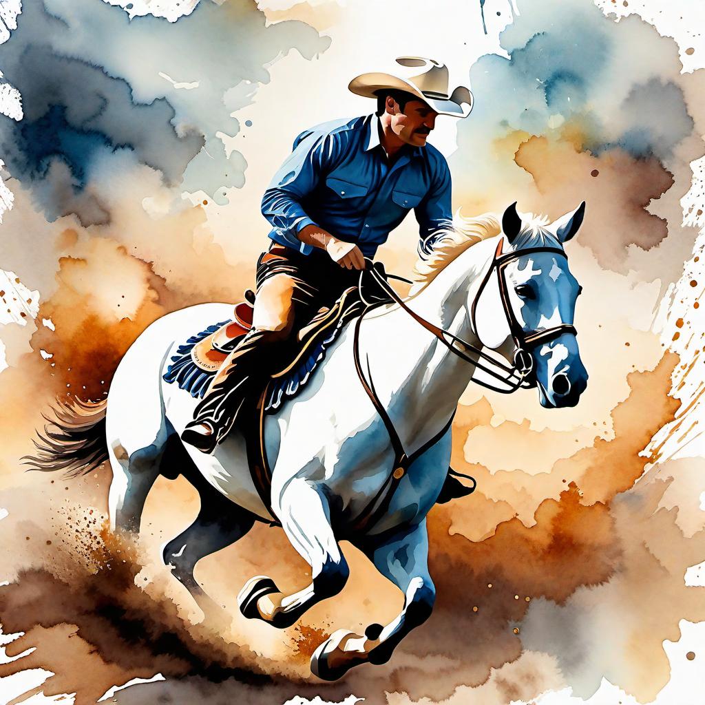  Create a watercolor painting of a man ridding a bucking horse at a rodeo. The background features soft, watercolor style splashes in earthy tones, giving the image an artistic and dreamy feel. Ensure the overall image has a delicate watercolor effect.