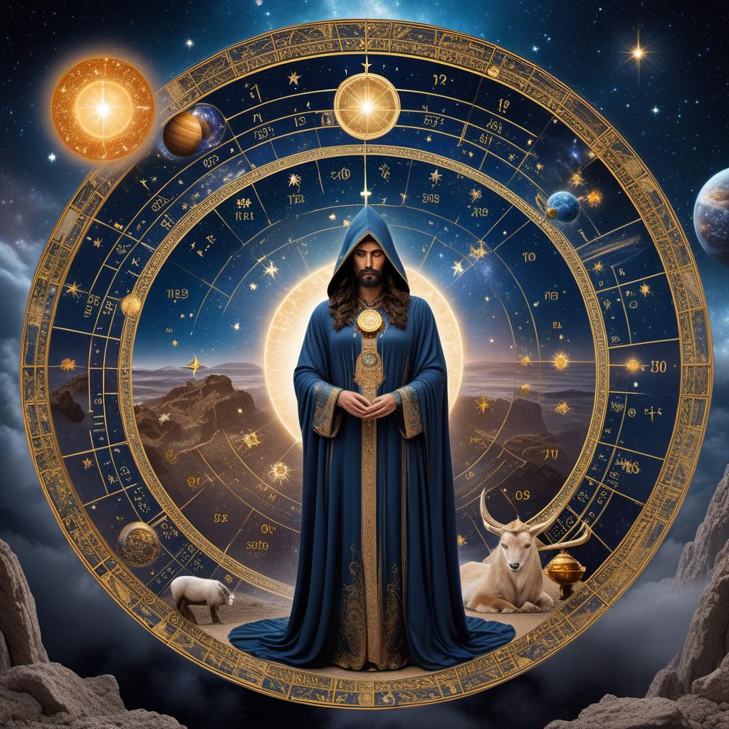  A welcoming astrological scene with starry night sky, planets, zodiac signs, and mystical elements involving a birth chart and tarot cards. A cloaked astrologer figure stands in the center, ready to guide with cosmic wisdom. The scene should evoke a sense of magic, intrigue, and celestial wonder. hyperrealistic, full body, detailed clothing, highly detailed, cinematic lighting, stunningly beautiful, intricate, sharp focus, f/1. 8, 85mm, (centered image composition), (professionally color graded), ((bright soft diffused light)), volumetric fog, trending on instagram, trending on tumblr, HDR 4K, 8K