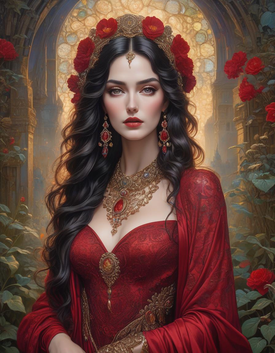  gothic style This portrait showcases a woman with a captivating presence, her long dark hair styled in loose waves. She wears a stunning red dress that hugs her figure, and a flowing scarf that adds a touch of drama to the overall image. The intricate jewelry she wears adds a touch of glamour to the already stunning portrait. , insanely detailed, fantasy, in the style of Josephine Wall, Gustav Klimt, Nikon D850 digital painting ultra realistic extremely detailed fantasy 8k oil on canvas cinematic lighting very attractive, beautiful imperial colors hyperrealistic, ultra detailed crisp quality cinematic postprocessing . dark, mysterious, haunting, dramatic, ornate, detailed hyperrealistic, full body, detailed clothing, highly detailed, cinematic lighting, stunningly beautiful, intricate, sharp focus, f/1. 8, 85mm, (centered image composition), (professionally color graded), ((bright soft diffused light)), volumetric fog, trending on instagram, trending on tumblr, HDR 4K, 8K